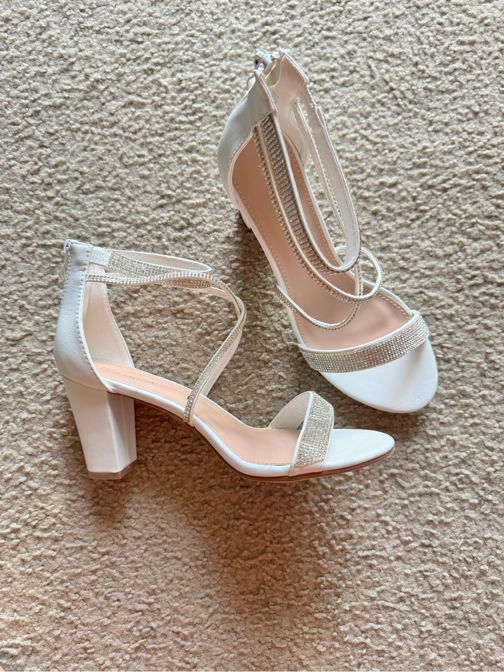 TOP Moda White Chunky Heel Sandals with Sparkling Straps